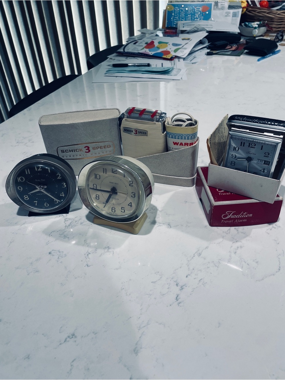 1960-1971 (3) 2 Westclox Clocks, Travel Alarm Clock, Silver Electric Razor
